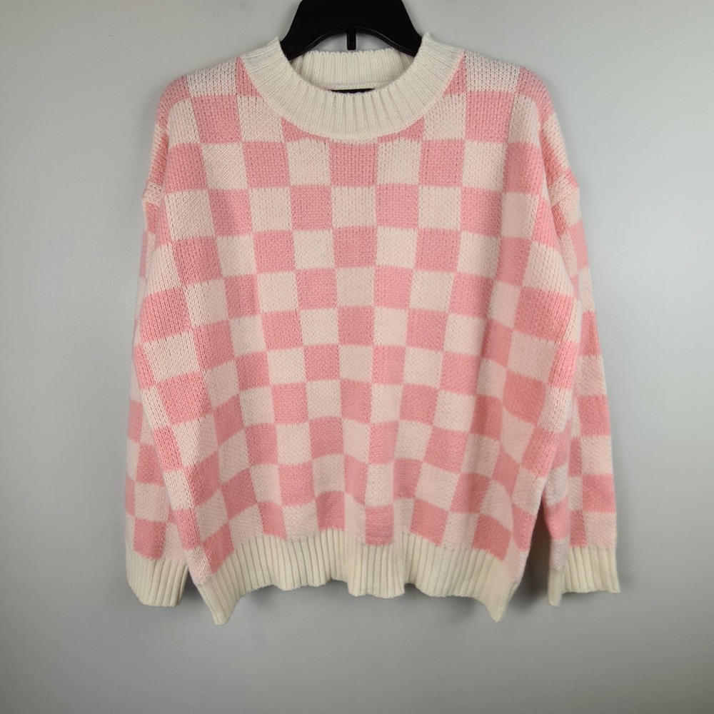 Pink And Cream Checkered Long‎ Sleeve Sweater Medium Oversized Girly SHEIN